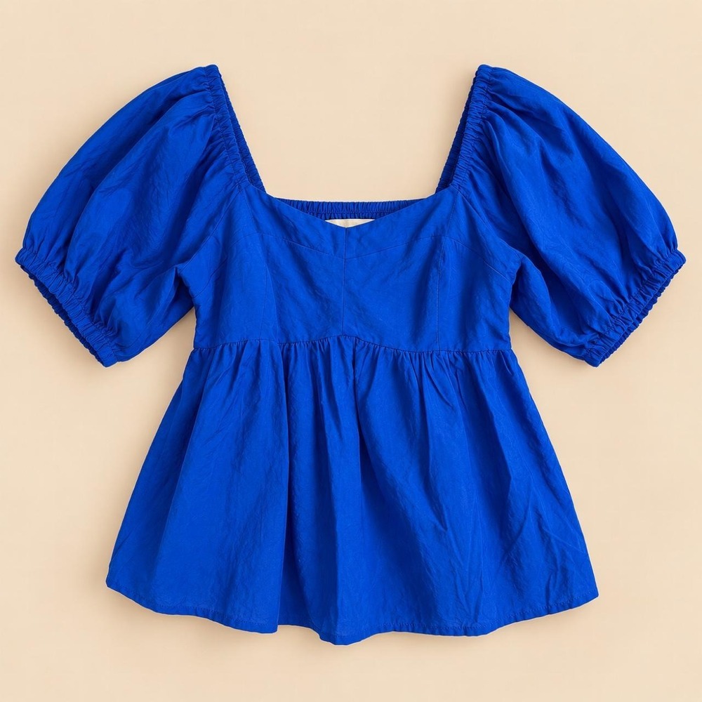Nine West Cobalt Blue Puff Sleeve Babydoll Top Sweetheart Smocked Medium 137125